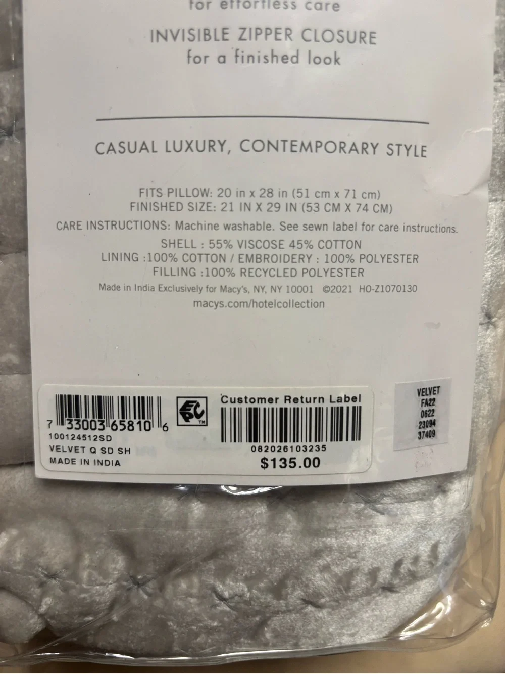 NEW Hotel Collection Quilted Standard Pillow Sham Silver Velvet Set of 1 READ